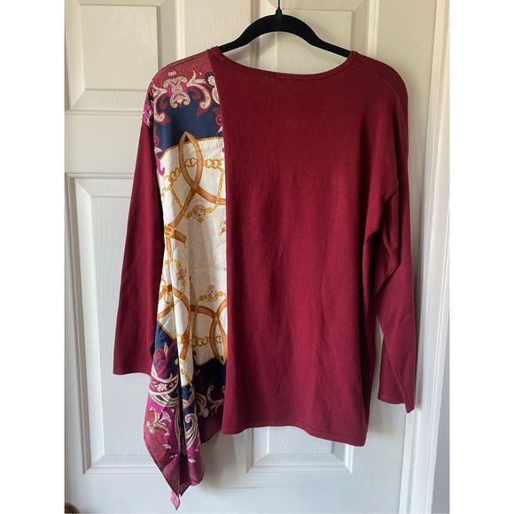 Chicos NWT Scarf-Trim Sweater Maroon Silk Like Blouse, Sz 1 (Medium), MSRP $109 - Picture 6 of 11